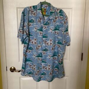 Mens Margaritaville Blue & Teal Hibiscus Short Sleeve Button Down Shirt, Size L.